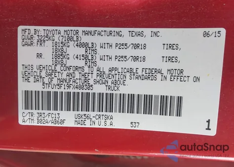 2015 Toyota Tundra Sr5 5.7L V8 from USA, damaged, VIN 5TFUY5F19FX480305